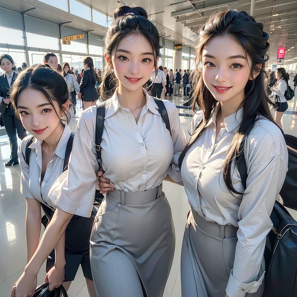 ((Highest quality、Tabletop、8K、Best image quality、Hyperrealism))、(5 female ground staff、Group of women walking side by side、Several women walking together、A group of stewardesses walking together、Cowboy Shot、5 people wearing the same uniform、Photo from the waist up)、((Location: Airport Plaza...、Five women walking through the airport、A perfectly detailed airport interior、Super detailed airport plaza))、((perfect stewardess uniform、Hair Bun))、Biggest Smile、white big teeth、Perfect Makeup、Long eyelashes、Look at me、Have the best smile、Perfect Anatomy、The lighting is very bright
(((Bra is visible)))