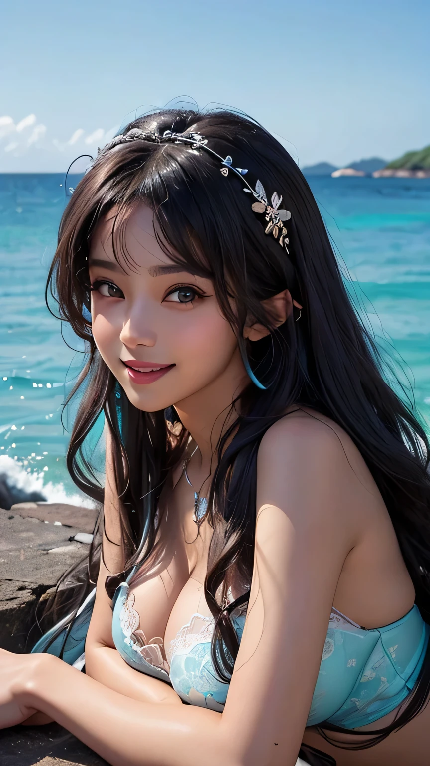 highest quality、Realistic、girl、zoom、Turquoise eyes、Silver Hair、Long curly hair、Bridal Lingerie、Tanned black body、Brown black skin、Dark Skin、Big 、A big smile、Summer Sea、Bust Shot、