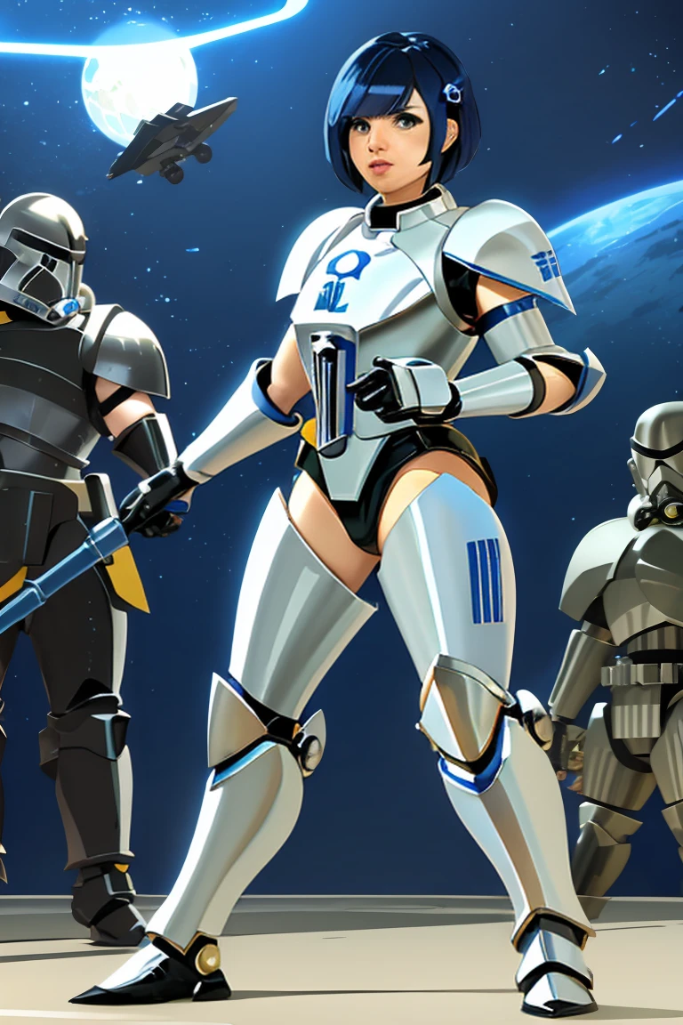 Beautiful woman with dark blue hair, short hair, yellow eyes, clone trooper armor, star wars, clone wars Battle background, 501st legion armor, captain rex armor