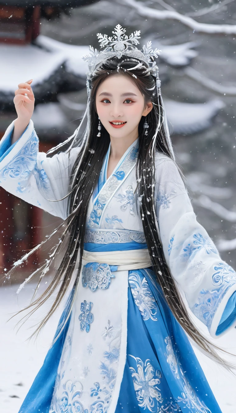 The best texture, high quality, Ultra HD, 8K, full-body shot, Panorama, snow, flying snowflakes, dancing in the snow, girl, Full of Miao silver ornaments, Miao clothing, Silver Phoenix Crown, Oval face, Ultra-fine face, blue eyes, Long eyebrows, White skin, Silver long hair, Flowing long hair, Rise with the wind, snowflake colorful gifts, Practical, Very detailed, High Detail, Ultra-clear,