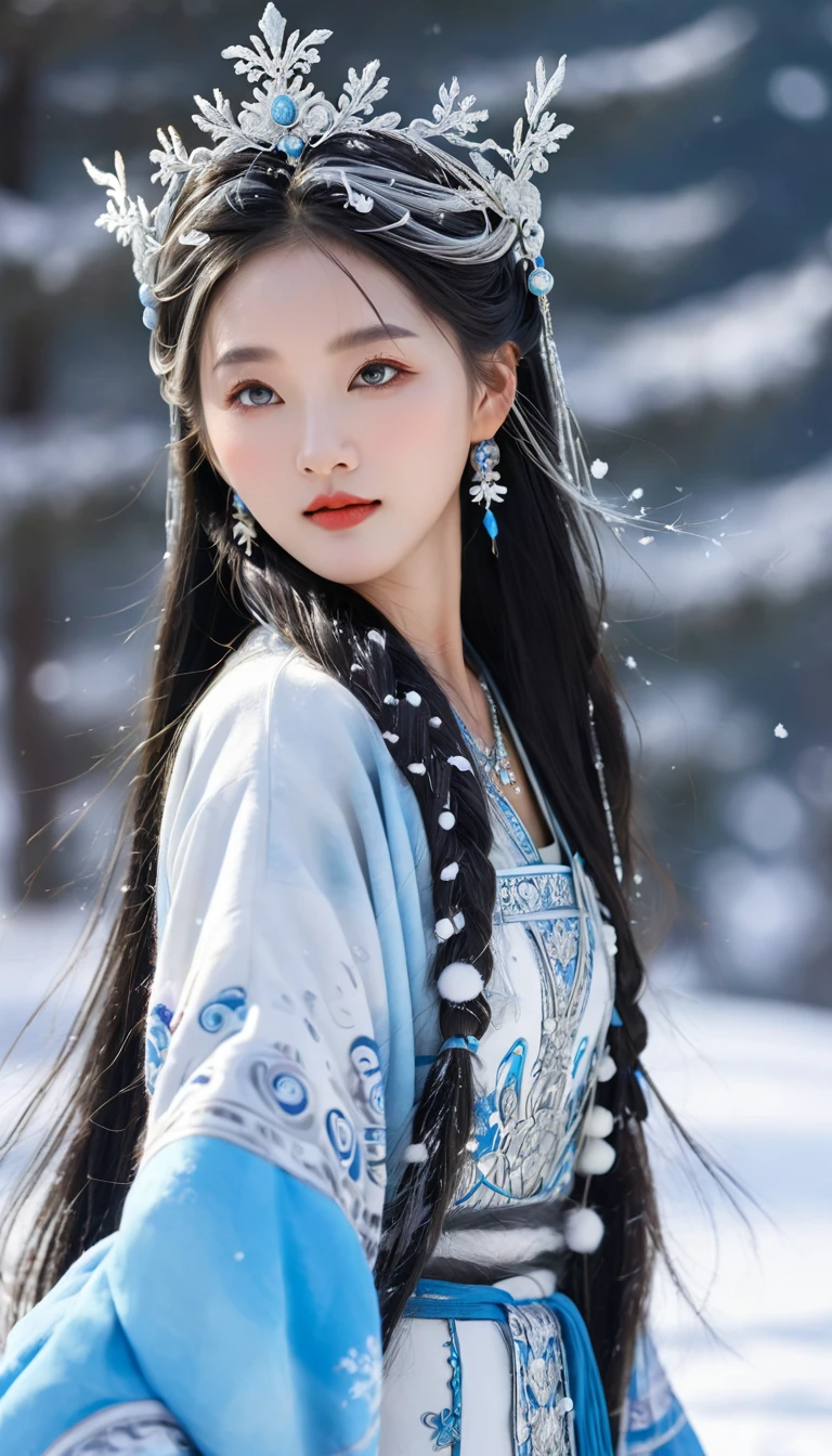 The best texture, high quality, Ultra HD, 8K, full-body shot, Panorama, snow, flying snowflakes, dancing in the snow, girl, Full of Miao silver ornaments, Miao clothing, Silver Phoenix Crown, Oval face, Ultra-fine face, blue eyes, Long eyebrows, White skin, Silver long hair, Flowing long hair, Rise with the wind, snowflake colorful gifts, Practical, Very detailed, High Detail, Ultra-clear,