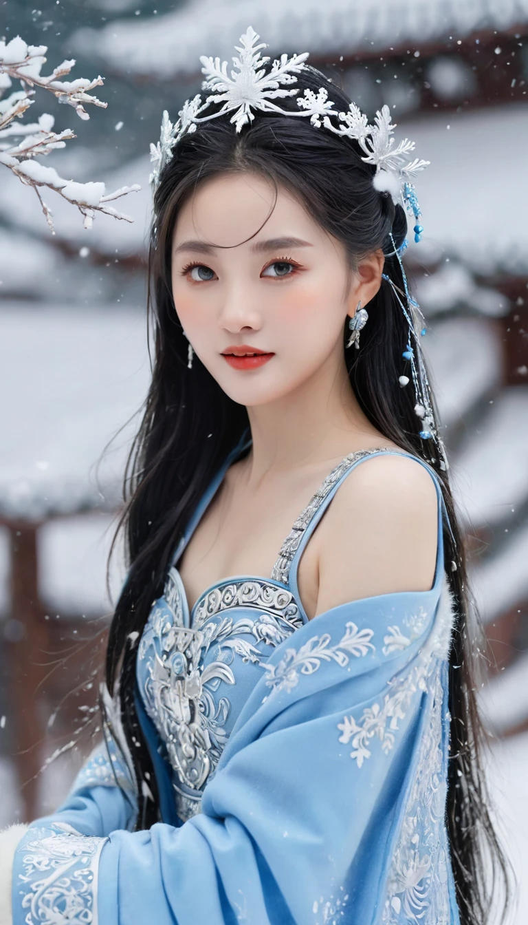 The best texture, high quality, Ultra HD, 8K, full-body shot, Panorama, snow, flying snowflakes, dancing in the snow, girl, Full of Miao silver ornaments, Miao clothing, Silver Phoenix Crown, Oval face, Ultra-fine face, blue eyes, Long eyebrows, White skin, Silver long hair, Flowing long hair, Rise with the wind, snowflake colorful gifts, Practical, Very detailed, High Detail, Ultra-clear,