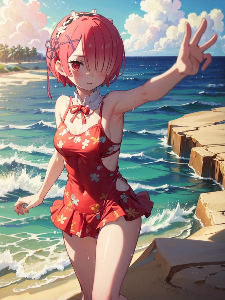 Random Swimsuit、Random patterned swimsuit、Acme Face、Random pose、short hair、Red Hair、、hair over one eye、、nsfw、Highest quality、1 girl、solo、Ocean、Sandy Beach、Sexy pose、Random pose、Blushing、wet、Embarrassed、Strap slip:1.3)、Random Swimsuit