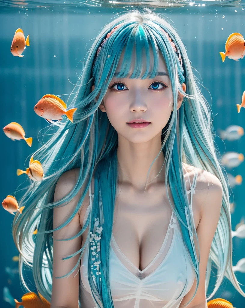 (Highest quality, 32k, High resolution, Masterpiece:1.5, ), marimo_jet, god々A photograph with brilliant dazzling and healing power., Evoking a sense of calm and elusive beauty, Expressing emotions, Have a rich imagination, Beautiful Japanese Girls, ((In the seaを泳ぐ:1.4)), An exceptionally beautiful face, Small Face Beauty, Perfect Human Anatomy, Magical big eyes, Motherhood and generosity, Deep Love, fleeting smile, ((Shiny light blue hair:1.4)), Super long straight silk hair swaying in the wind, Asymmetrical bangs, Hair between the eyes, Transparent, soft white skin, Sharp eyebrows, Thin lashes, Natural Makeup, Cheek highlighter, Lips with fine detail, (White see-through camisole:1.4), High resolutionの完璧な鎖骨, High resolutionの美しい胸元, Slim figure with ample breasts, High resolutionの美しい太もも, ((In the sea:1.5)), ((Vibrant coral reefs and tropical fish:1.3)), Professional photographer, Professional Lighting, Professional models, god秘的