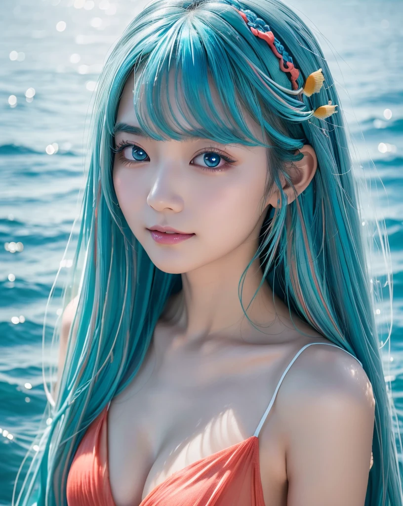 (((nude beautiful model))),,lie down on the beach by the sea, melt into the white waves, Medium Hair, Light emerald green hair, Fish hair ornament, Heart-shaped pupils, Heart Earrings, Heart in Eye, Satellite Imagery, Satellite Imagery, Ray tracing, Stereogram, Satellite Imagery, Mastepiece,nswf,Spread your legs wide,Emerald Green Sea、Beautiful seashell background、(Close your eyes)、(Open your mouth)、(Shooting from behind)