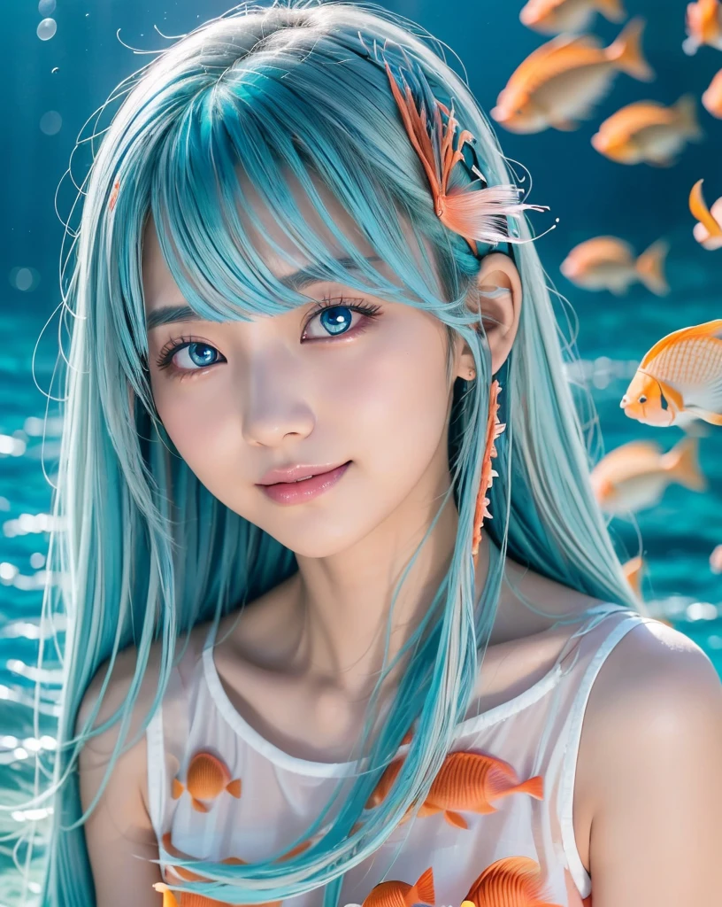 (Highest quality, 32k, High resolution, Masterpiece:1.5, ), marimo_jet, god々A photograph with brilliant dazzling and healing power., Evoking a sense of calm and elusive beauty, Expressing emotions, Have a rich imagination, Beautiful Japanese Girls, ((In the seaを泳ぐ:1.4)), An exceptionally beautiful face, Small Face Beauty, Perfect Human Anatomy, Magical big eyes, Motherhood and generosity, Deep Love, fleeting smile, ((Shiny light blue hair:1.4)), Super long straight silk hair swaying in the wind, Asymmetrical bangs, Hair between the eyes, Transparent, soft white skin, Sharp eyebrows, Thin lashes, Natural Makeup, Cheek highlighter, Lips with fine detail, (White see-through camisole:1.4), High resolutionの完璧な鎖骨, High resolutionの美しい胸元, Slim figure with ample , High resolutionの美しい太もも, ((In the sea:1.5)), ((Vibrant coral reefs and tropical fish:1.3)), Professional photographer, Professional Lighting, Professional models, god秘的