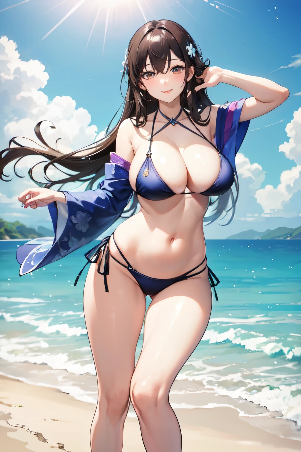 8k,Highest quality,masterpiece, Sharp focus, (beautiful, Gorgeous and cute Japanese women:1.3),(((whole body,You can see all the way to your feet,He bends down and stares at me.,She is posing in a very provocative and sexy way..))),((Two-color design bikini)),Delicate and beautiful thin eyebrows,beautiful woman, Delicate and beautiful hair, Droopy eyes, Very detailed, Super beautiful women, Glowing White Particles, (Side light:1.2), Light of the sun, Very large breasts,Very large hips, smile, ((Smile with your eyes, Open both eyes)), , Sexy Looks,Dynamic Hair, Straight Long Hair, Brown hair detail,Beach at night