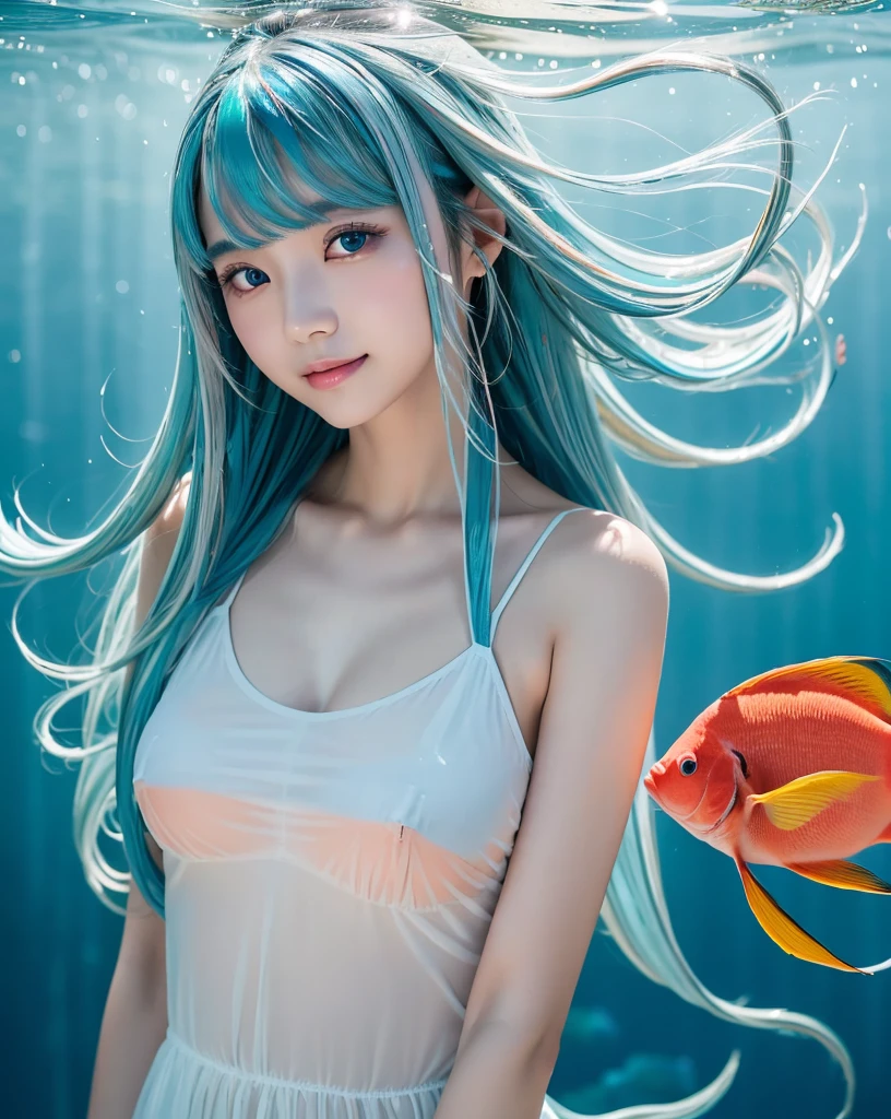 (Highest quality, 32k, High resolution, Masterpiece:1.5, ), marimo_jet, god々A photograph with brilliant dazzling and healing power., Evoking a sense of calm and elusive beauty, Expressing emotions, Have a rich imagination, Beautiful Japanese Girls, ((In the seaを泳ぐ:1.4)), An exceptionally beautiful face, Small Face Beauty, Perfect Human Anatomy, Magical big eyes, Motherhood and generosity, Deep Love, fleeting smile, ((Shiny light blue hair:1.4)), Super long straight silk hair swaying in the wind, Asymmetrical bangs, Hair between the eyes, Transparent, soft white skin, Sharp eyebrows, Thin lashes, Natural Makeup, Cheek highlighter, Lips with fine detail, (White see-through camisole:1.4), High resolutionの完璧な鎖骨, High resolutionの美しい胸元, Slim figure with ample breasts, High resolutionの美しい太もも, ((In the sea:1.5)), ((Vibrant coral reefs and tropical fish:1.3)), Professional photographer, Professional Lighting, Professional models, god秘的