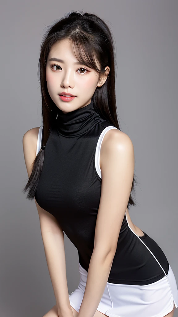 ((High quality, 8K, masterpiece:1.3)), 1 girl, Slim Abs:1.3, Japanese woman, (Casual hair style, medium breasts:1.2), Super detailed face, detailed eyes, double edged eyelids, smile, ((( turtle neck swimsuit))), Medium tits, very thin waist, upper-body photo