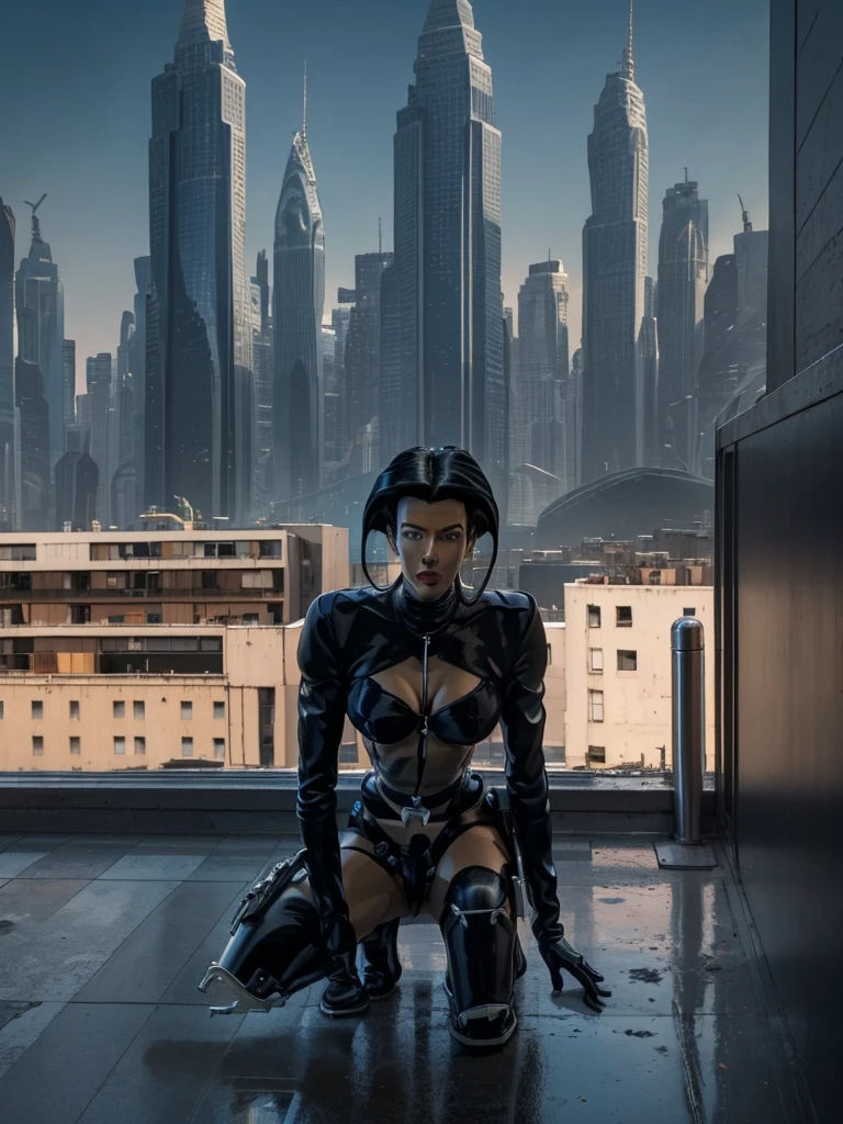 faithful image of Aeon Flux, linda, She is crouching ON THE EDGE OF A BUILDING TERRACE and pointing her finger at the GROUND LOOKING AT THE CITY, THERE ARE rounded buildings in an abandoned, ultra-futuristic megalopolis city, the city has many metallic buildings with mirrored glass in light colors that reflect the sunlight, alien architecture, the city has shades of metal gray, has beautiful metal structures, dark ultrafuturistic cars on the streets, desert megalopolis, many tall rounded buildings on the horizon, tall futuristic metal buildings, many ultramodern buildings around, as realistic as possible, as detailed as possible, Science fiction, there are 2 planets in the sky through the dense ORANGE atmosphere
