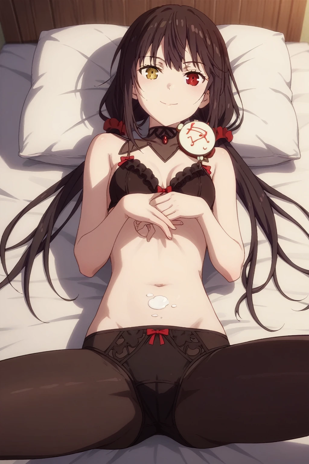 score_9, score_8_up, score_7_up, source_anime,
kurumitokisaki, kurumi tokisaki, black hair, golden right eye(clock eye), heterochromia and red eyes, long hair, (bunches)
bare shoulder, ribbon, Black bra, bikini, briefs, black bikini, twintails, low twintails, black silk leggings
indoors, outdoor, smile,
looking at viewer, solo, lying on the bed, legs apart, Milk spilled on the body