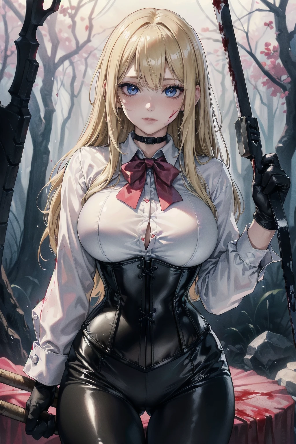 ((blood droplets)), ((blood)), ((blood splatter)), ((blood on clothes)) ((blood stain)),  Masterpiece, Superior image quality, high resolution, 4k image,photo and gross, photorealistic, whole body, distant view, 1 young blonde of , {{{vagina}}}, big breasts, beautiful face, Long blonde hair, blue eyes, very detailed eyes, pink cheeks, shy expression, choker:1.6, (white collar button down long sleeve shirt), black gloves, gloves that cover hands, (holding an ax in the right hand), (black leather corset), (shiny black leggings), Sensual Lips, show details in the eyes, View from the front, looking at the viewer, dark forest path, evening, Atmosphere, fog