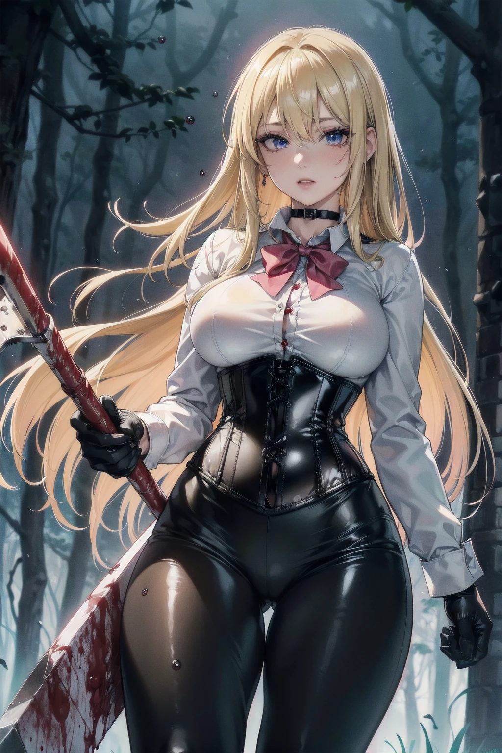 ((blood droplets)), ((blood)), ((blood splatter)), ((blood on clothes)) ((blood stain)), Masterpiece, Superior image quality, high resolution, 4k image,photo and gross, photorealistic, whole body, distant view, ung blonde of 15 years, {{{vagina}}}, big breasts, beautiful face, Long blonde hair, blue eyes, very detailed eyes, pink cheeks, shy expression, choker:1.6, (white collar button down long sleeve shirt), black gloves, gloves that cover hands, (holding an ax in the right hand), (black leather corset), (shiny black leggings), Sensual Lips, show details in the eyes, View from the front, looking at the viewer, dark forest path, evening, Atmosphere, fog