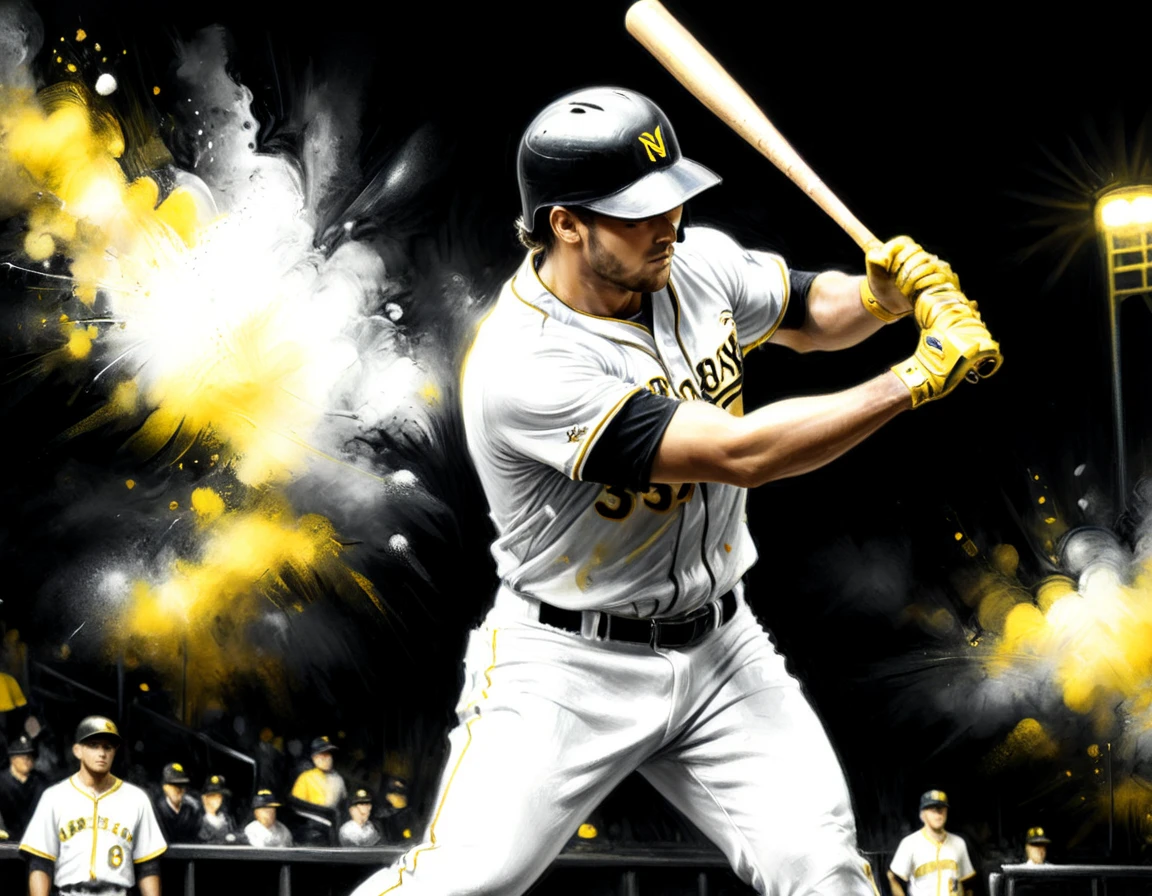 Charcoal work of art, ((using only black, white and yellow:1.5)) masterpiece, a baseball player hitting a home run in baseball game, highest quality, Best aesthetics), best details, best quality, highres, ultra wide angle, 16k, [ultra detailed], masterpiece, best quality, (extremely detailed), CharcoalDarkStyle