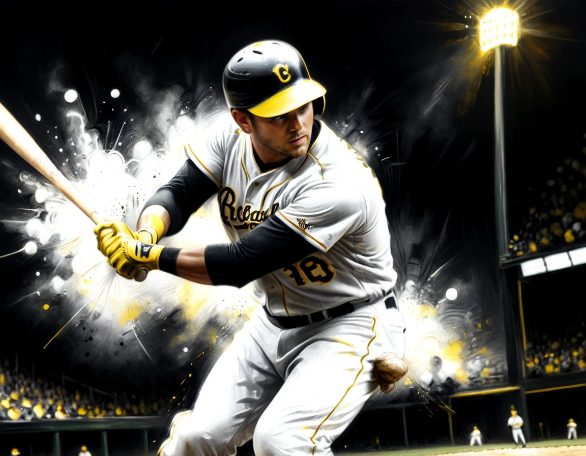 Charcoal work of art, ((using only black, white and yellow:1.5)) masterpiece, a baseball player hitting a home run in baseball game, highest quality, Best aesthetics), best details, best quality, highres, ultra wide angle, 16k, [ultra detailed], masterpiece, best quality, (extremely detailed), CharcoalDarkStyle