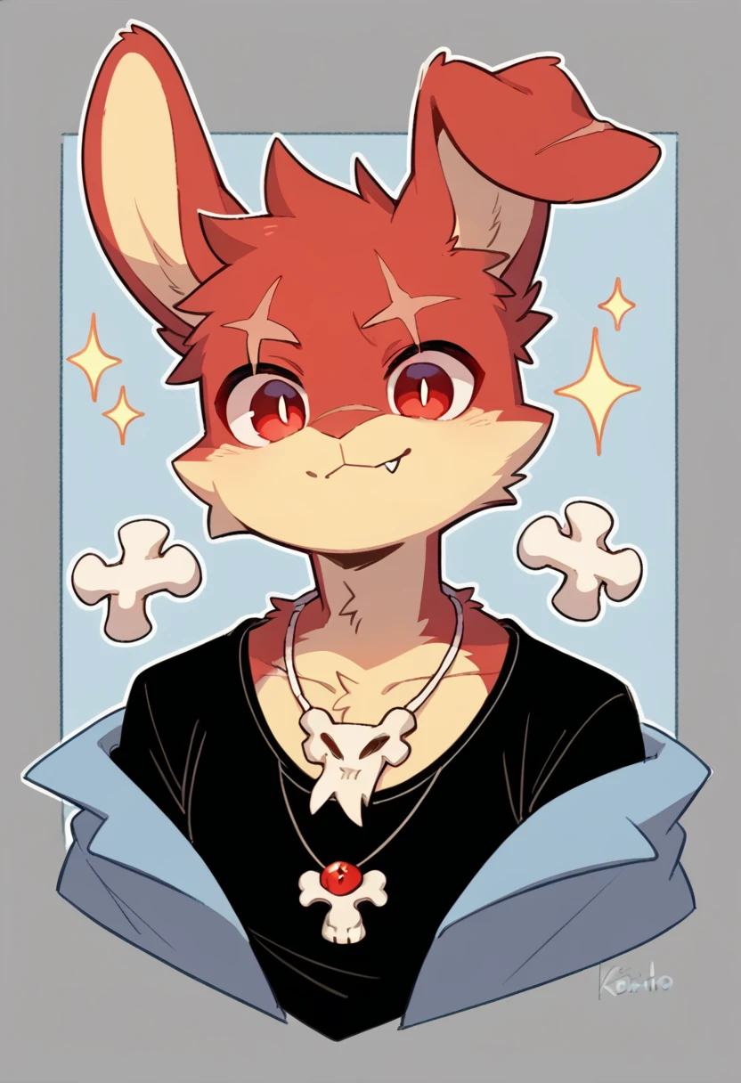 (Rabbit), anthropomorphic red rabbit, alone, (scar on left eye), (2-tone white and red fur), (neck), (perfect red eyes:1.4), （Artist:Takemoto Arashi）, twitch, mature face, older, clear facial details, flash, side of character, long eyelashes, fang, serius smile, Black shirt,  Bone necklace, exposing chest, ((show upper body)), ((Bust)), Full Length Portrait, Tonalism, Head Out of Frame, Outer Border, Tachi-E, High Details