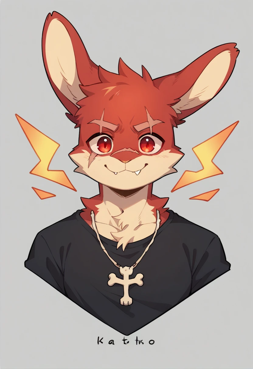 (Rabbit), anthropomorphic red rabbit, alone, (scar on left eye), (2-tone white and red fur), (neck), (perfect red eyes:1.4), （Artist:Takemoto Arashi）, twitch, mature face, older, clear facial details, flash, side of character, long eyelashes, fang, serius smile, Black shirt,  Bone necklace, exposing chest, ((show upper body)), ((Bust)), Full Length Portrait, Tonalism, Head Out of Frame, Outer Border, Tachi-E, High Details