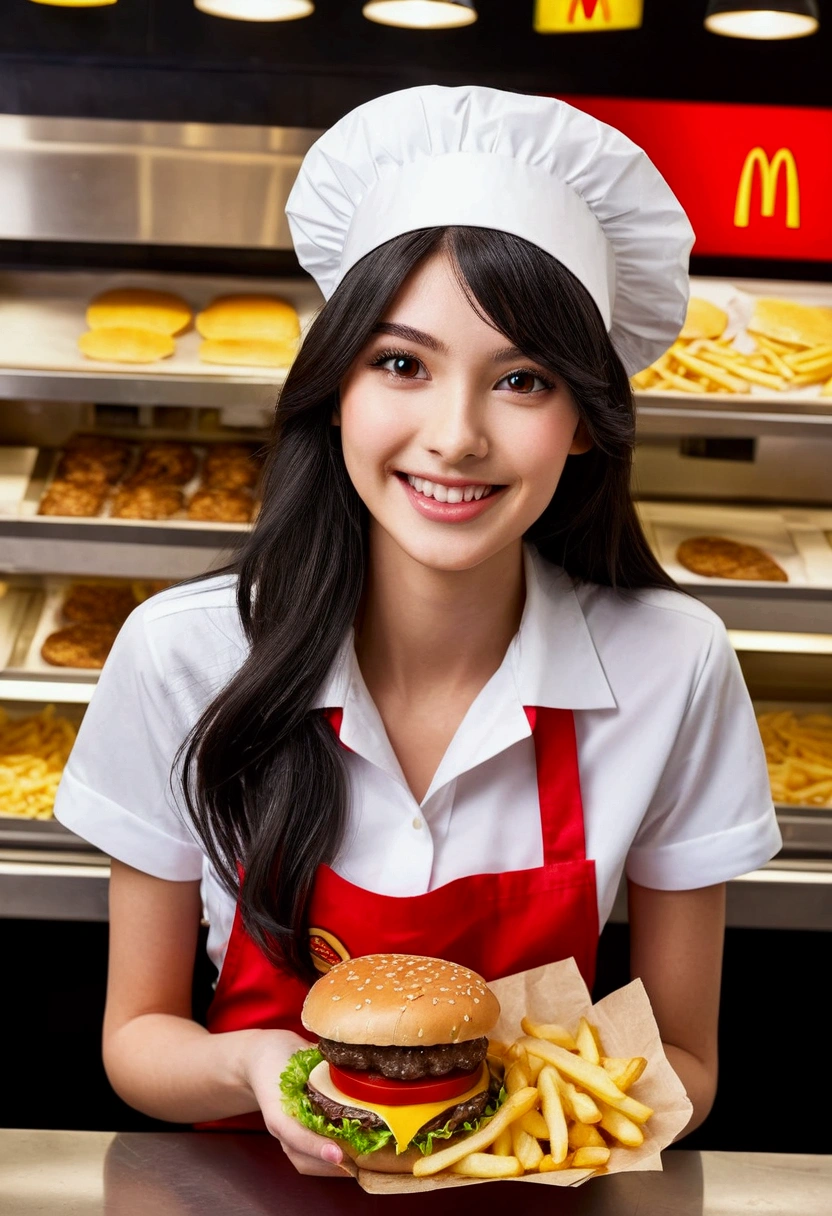 Highest quality, Super quality, 16K, Incredibly absurd, Very detailed, delicate and dynamic, SFW, Natural light, , Diffuse reflection of light, Vortex of Light, In-store pop, , Fast food restaurants, McDonald, hamburger, Sparkling, Create amazing image effects, cash register, Upper body close-up, (cute sexy girl, , sexy long legs, Hamburger shop clerk, Sensual expression, fine, Active, smile, Cook the patties, Make a hamburger, Frying French fries, paper bag, Busy, , black long hair, Hamburger shop uniform, Store clerk uniform, Wear a hamburger shop assistant hat,)