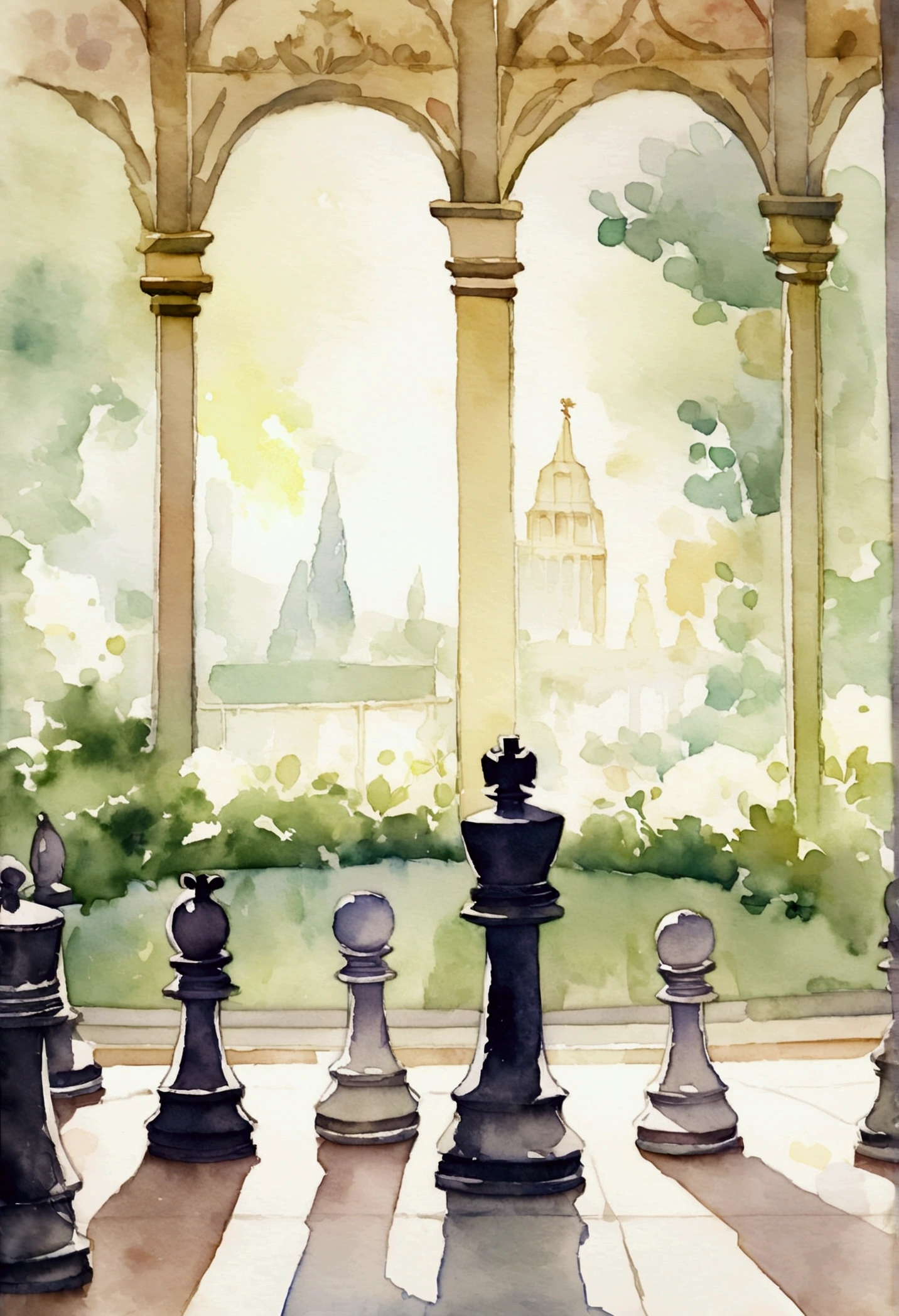 chess game in the palace park, watercolor