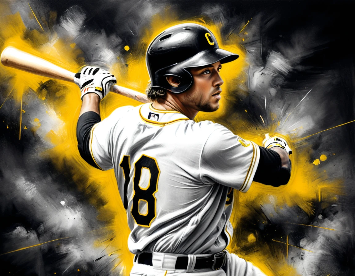 Charcoal work of art, ((using only black, white and yellow:1.5)) masterpiece, a baseball player hitting a home run in baseball game, highest quality, Best aesthetics), best details, best quality, highres, ultra wide angle, 16k, [ultra detailed], masterpiece, best quality, (extremely detailed), CharcoalDarkStyle