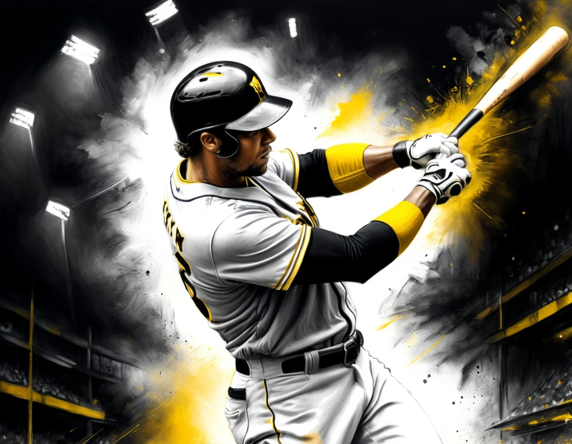 Charcoal work of art, ((using only black, white and yellow:1.5)) masterpiece, a baseball player hitting a home run in baseball game, highest quality, Best aesthetics), best details, best quality, highres, ultra wide angle, 16k, [ultra detailed], masterpiece, best quality, (extremely detailed), CharcoalDarkStyle