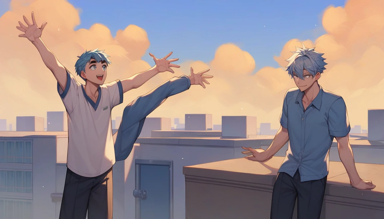 only one people, high school boy, , light blue hair, silver eyes, black eyebrows, school rooftop, arms outstretched, look up at the sky and smile and shout