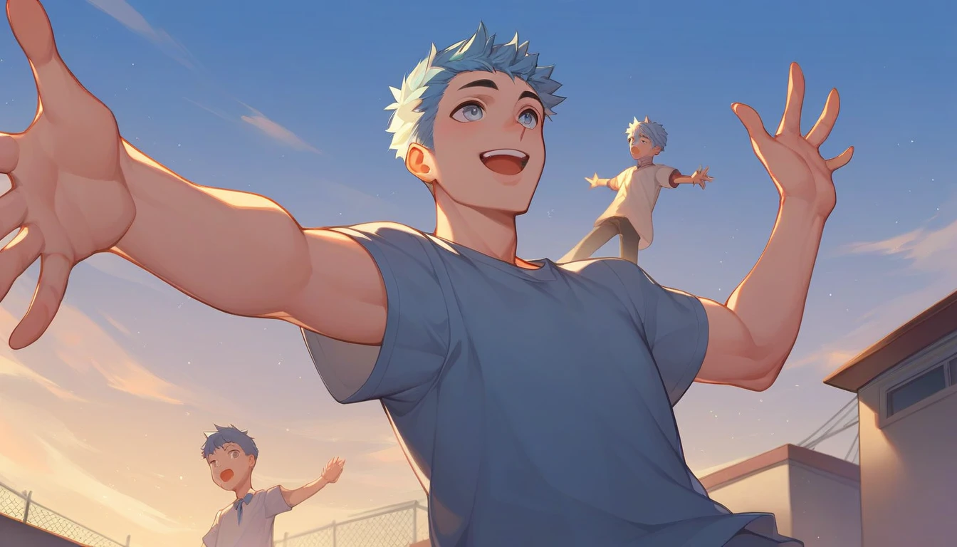 only one people, high school boy, , light blue hair, silver eyes, black eyebrows, school rooftop, arms outstretched, look up at the sky and smile and shout