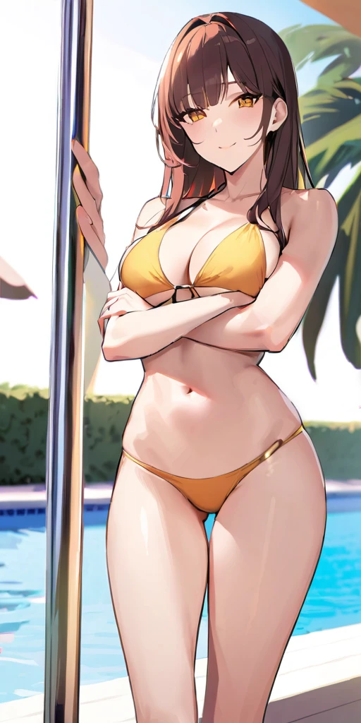 ((Hands beside the body)),((Highest quality、masterpiece:1.3))、Long legs、Sharp focus:1.2, Beautiful woman with perfect figure:1.4、(Smiling:1.2), double eyelid、30-year-old female、Sexy pose、((((One Woman、bikini)))),(((((one women,pool side:1.5)))))、((standing, cowboy shot:1.5))、