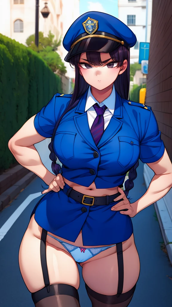 a cartoon character in a sexy suit posing on the street with a bush, police officer, police uniform, 1 girl, police woman, shirt, skirt, hat, tie, police cap, blue eyes, gloves, breasts, purple hair very dark, thighs, solo, navel, garter straps, looking at viewer, short sleeves, large breasts, underwear, miniskirt, midriff, ass visible through thighs, panties, outdoors, indentation, braid, hand in hand hip, belt, black skirt, uniform, collared shirt, frown, thigh highs, peaked cap, crop top, black panties, blue shirt, chest pocket, V-shaped eyebrows, Eiko Tsukimi, blue eyes, purple hair very dark baseball cap