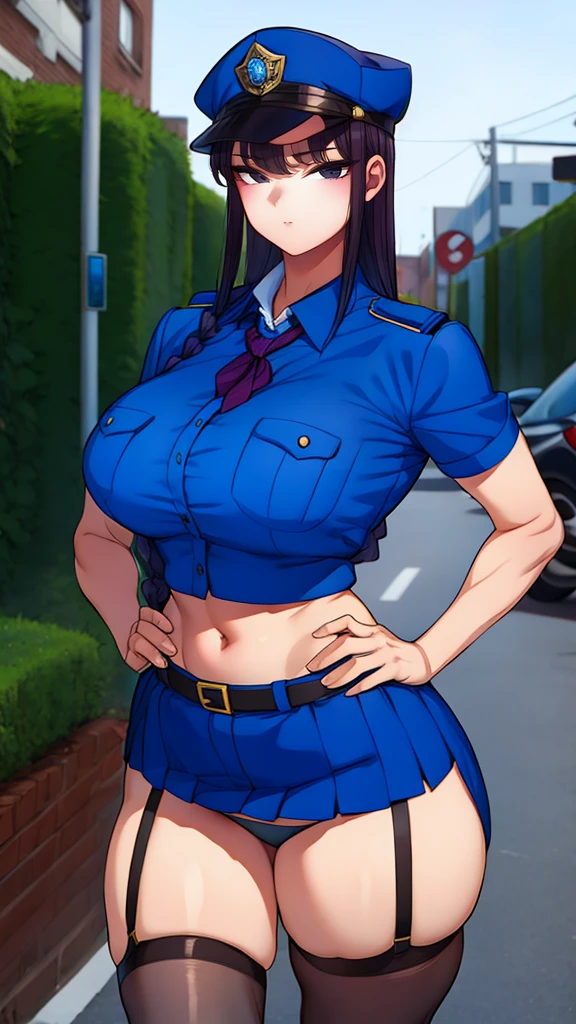 a cartoon character in a sexy suit posing on the street with a bush, police officer, police uniform, 1 girl, police woman, shirt, skirt, hat, tie, police cap, blue eyes, gloves, breasts, purple hair very dark, thighs, solo, navel, garter straps, looking at viewer, short sleeves, large breasts, underwear, miniskirt, midriff, ass visible through thighs, panties, outdoors, indentation, braid, hand in hand hip, belt, black skirt, uniform, collared shirt, frown, thigh highs, peaked cap, crop top, black panties, blue shirt, chest pocket, V-shaped eyebrows, Eiko Tsukimi, blue eyes, purple hair very dark baseball cap