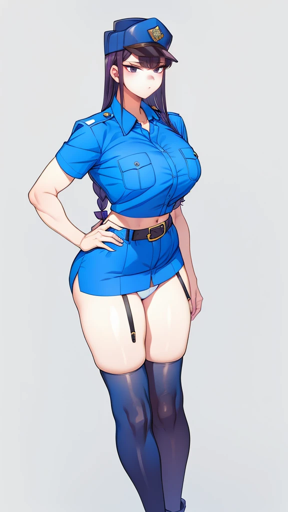 a cartoon character in a sexy suit posing on the street with a bush, police officer, police uniform, 1 girl, police woman, shirt, skirt, hat, tie, police cap, blue eyes, gloves, breasts, purple hair very dark, thighs, solo, navel, garter straps, looking at viewer, short sleeves, large breasts, underwear, miniskirt, midriff, ass visible through thighs, panties, outdoors, indentation, braid, hand in hand hip, belt, black skirt, uniform, collared shirt, frown, thigh highs, peaked cap, crop top, black panties, blue shirt, chest pocket, V-shaped eyebrows, Eiko Tsukimi, blue eyes, purple hair very dark baseball cap
