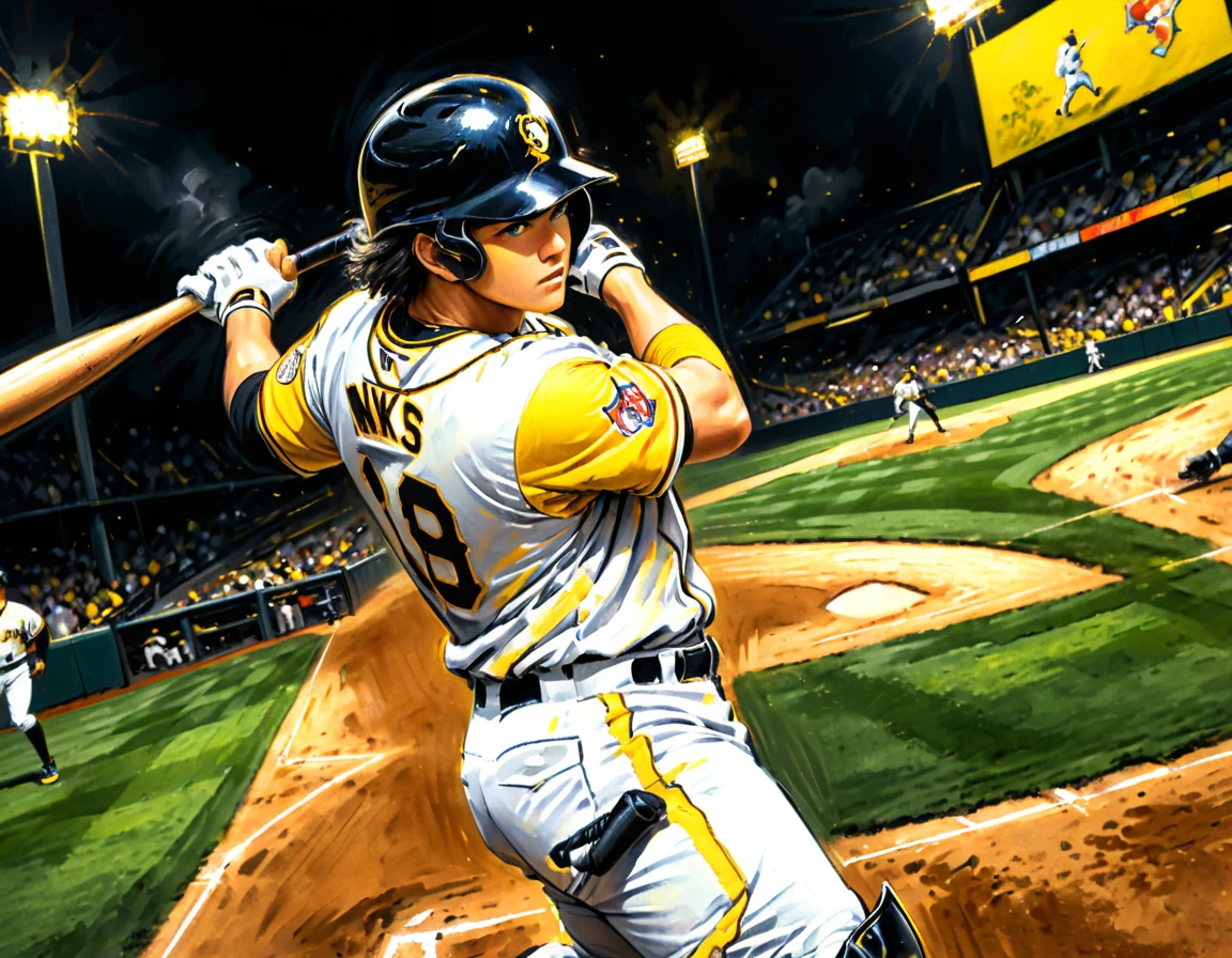 Charcoal work of art, ((using only black, white and yellow:1.5)) masterpiece, a baseball player hitting a home run in baseball game, highest quality, Best aesthetics), best details, best quality, highres, ultra wide angle, 16k, [ultra detailed], masterpiece, best quality, (extremely detailed), CharcoalDarkStyle