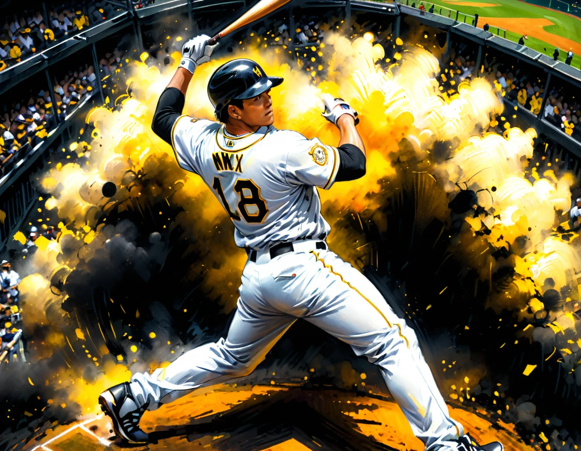 Charcoal work of art, ((using only black, white and yellow:1.5)) masterpiece, a baseball player hitting a home run in baseball game, highest quality, Best aesthetics), best details, best quality, highres, ultra wide angle, 16k, [ultra detailed], masterpiece, best quality, (extremely detailed), CharcoalDarkStyle