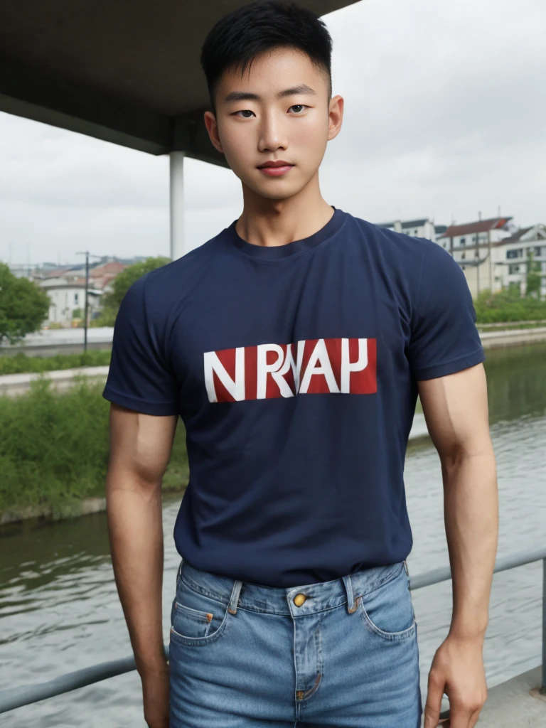 ((realistic daylight)) , Young Korean man in a navy blue t-shirt and jeans., A handsome, muscular young Asian man looks at the camera. In a simple t-shirt blue and red , Along the canal ,turn sideways