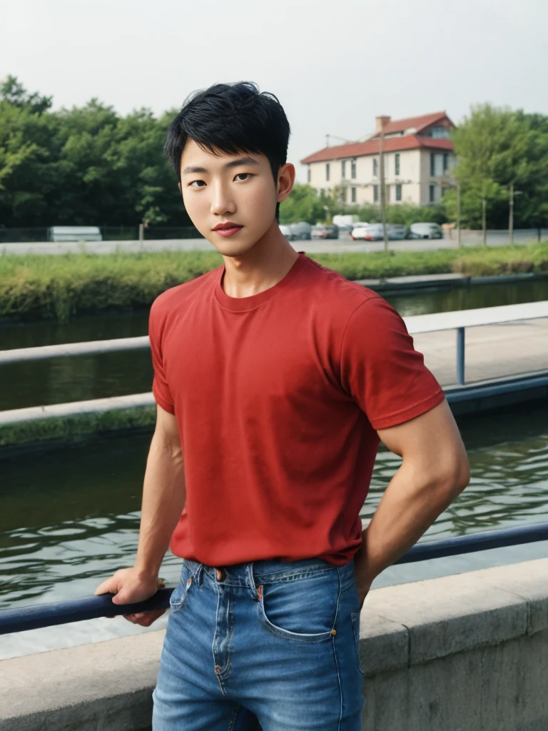 ((realistic daylight)) , Young Korean man in a navy blue t-shirt and jeans., A handsome, muscular young Asian man looks at the camera. In a simple t-shirt blue and red , Along the canal ,turn sideways