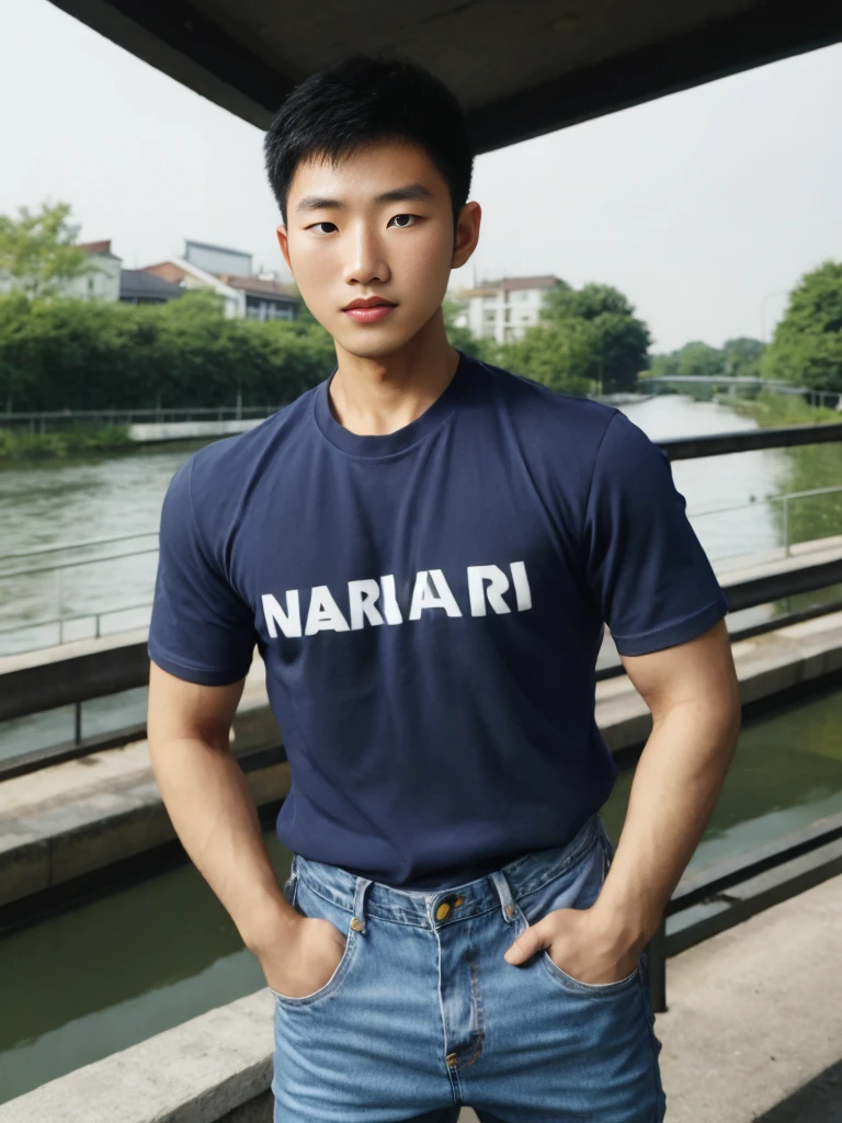 ((realistic daylight)) , Young Korean man in a navy blue t-shirt and jeans., A handsome, muscular young Asian man looks at the camera. In a simple t-shirt blue and red , Along the canal ,turn sideways