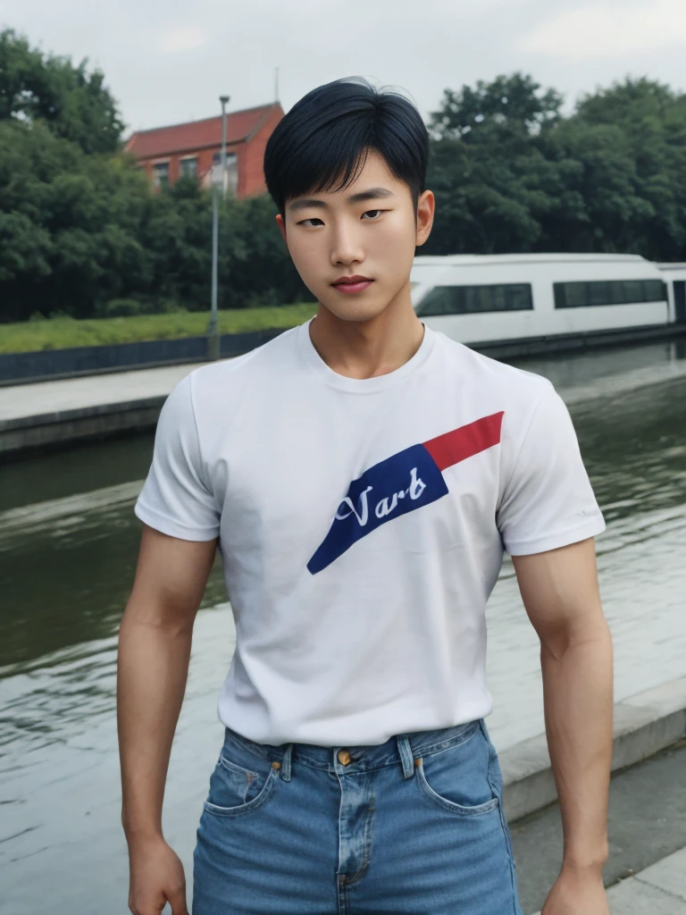 ((realistic daylight)) , Young Korean man in a navy blue t-shirt and jeans., A handsome, muscular young Asian man looks at the camera. In a simple t-shirt blue and red , Along the canal ,turn sideways