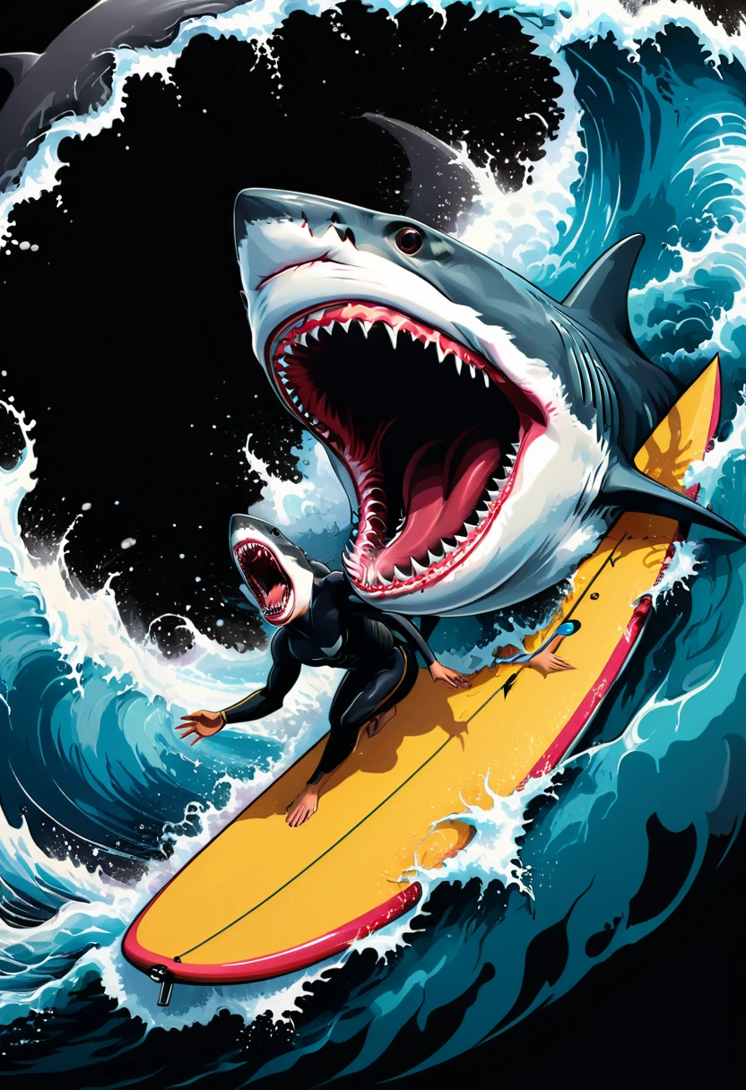 Circular vector art of a colorful illustration surfer surfing, shark with furious open mouth, UHD, High detail in 32k, background with black border (artwork, best quality, professional, perfect composition, very aesthetic, absurd, Super detailed, Intricate Details:1.3)