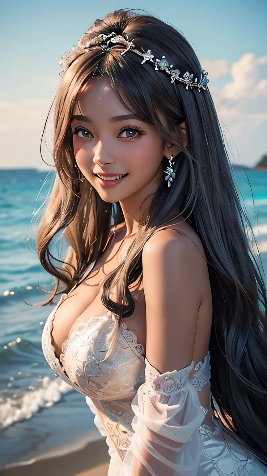 highest quality、Realistic、girl、zoom、Turquoise eyes、Silver Hair、Long curly hair、Bridal Lingerie、Wedding dress、Tanned black body、Brown black skin、Dark Skin、Big 、A big smile、Summer Sea、Bust Shot、