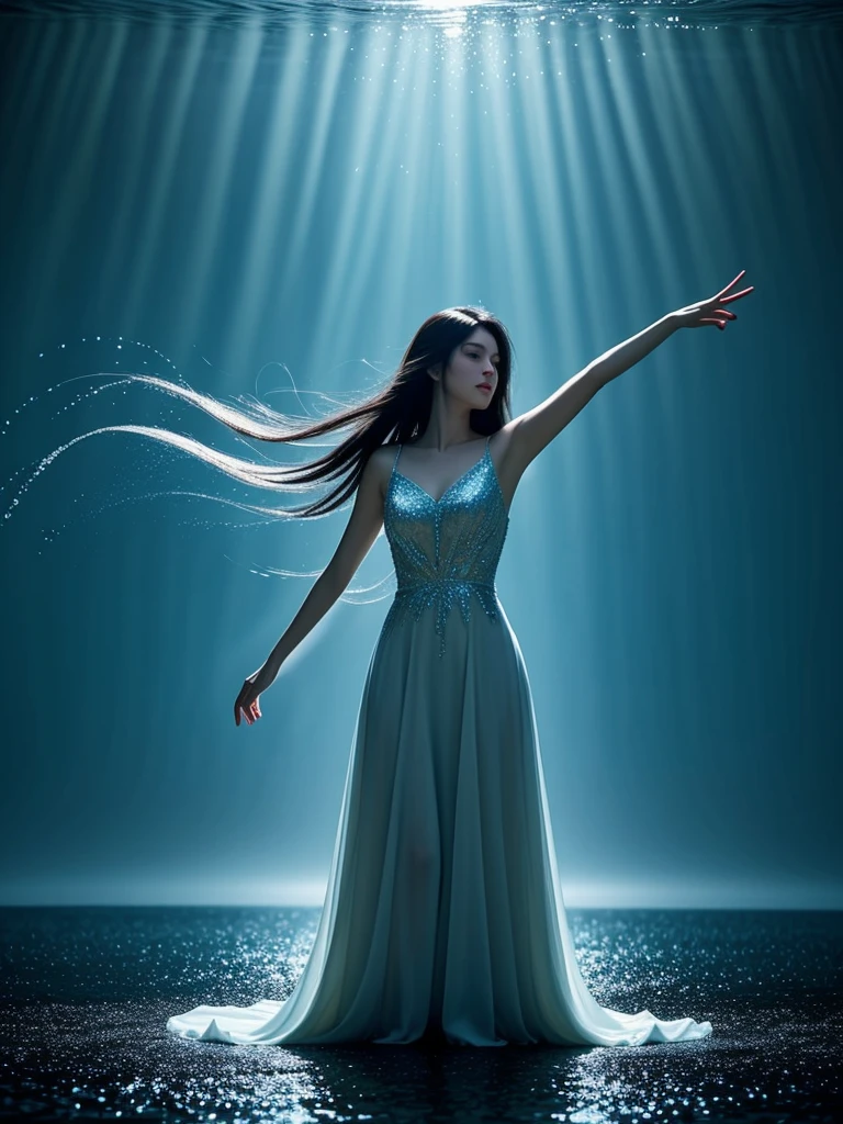 Young woman wearing a dress entirely made of transparent flowing water. Fluid, cascading gown with dynamic water movement. creating a mesmerizing blend of flowing liquid and delicate bubble structures. Dynamic poses, dancing, Shimmering, iridescent water surface with rainbow reflections on bubble areas. Water drops of various sizes forming the dress's texture. High-detail photography, fantasy concept art style. Simple plain light blue background. Flowing water in space.