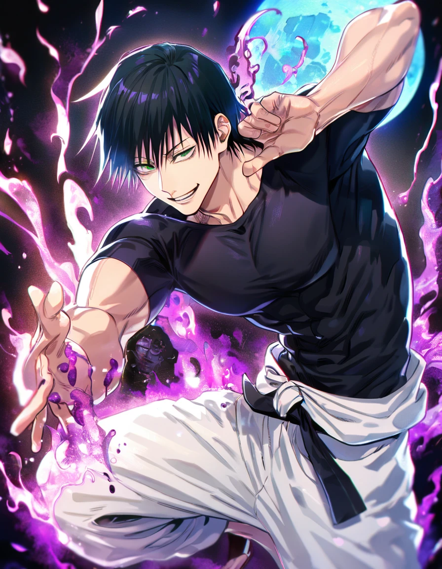 Ultra detailed, HDR, Highres, absurdres, master piece, Fushiguro Touji, black hair, expressive green eyes, Jujutsu Kaisen, handsome, sexy man, solo, black tight shirt, purple aura, handsome smile, best quality, blue moon, 8K, white baggy pants, giving a sharp smile, giving chills to the enemy in a serious way