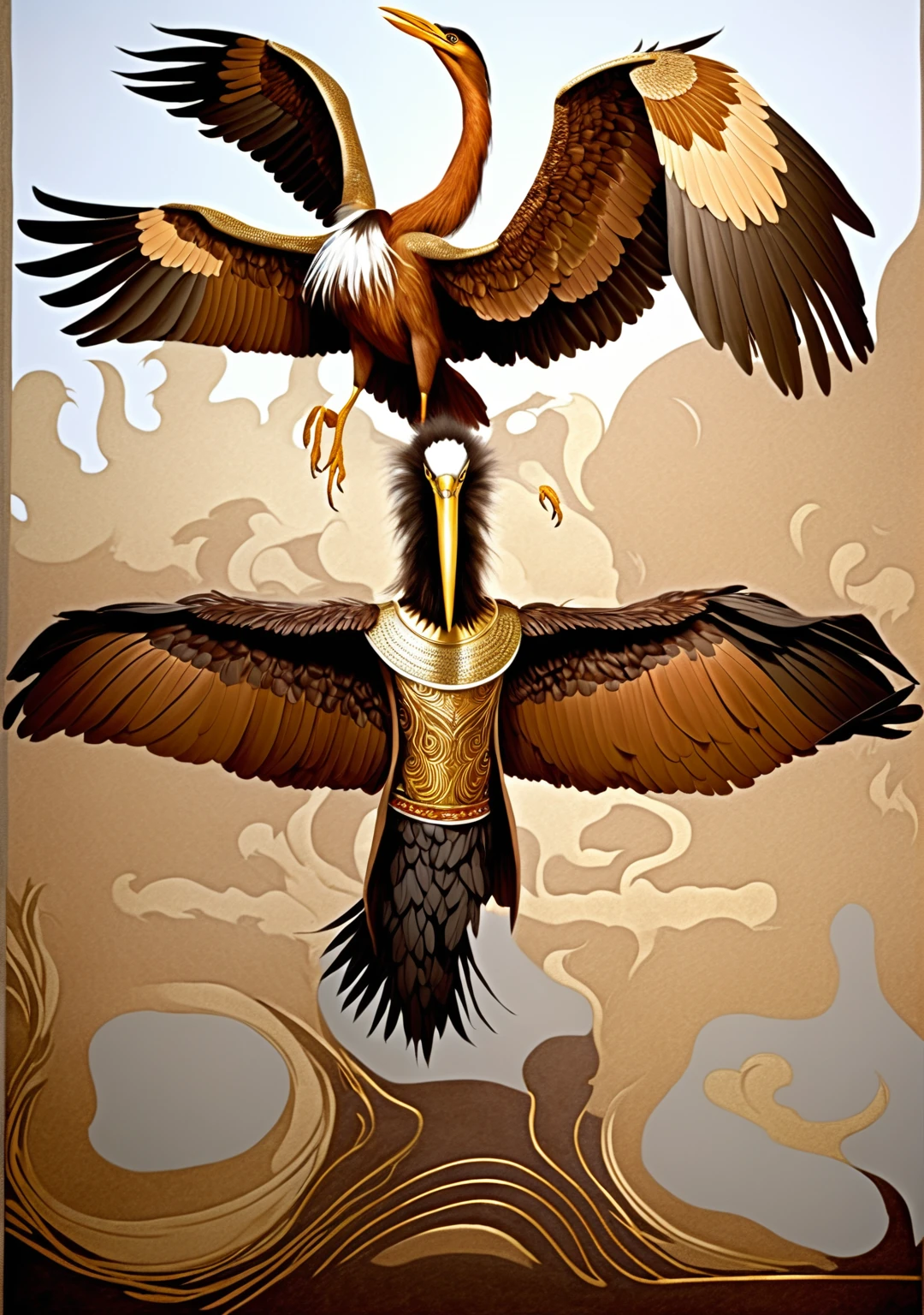 Draw a woman and two birds of prey on a cloud, The goddess's hair turns into clouds,Grab the clouds in the sky with both hands,The raptor has cheetah-like piebalds on its body,There is an aperture,Bizarre sky,alien worlds,