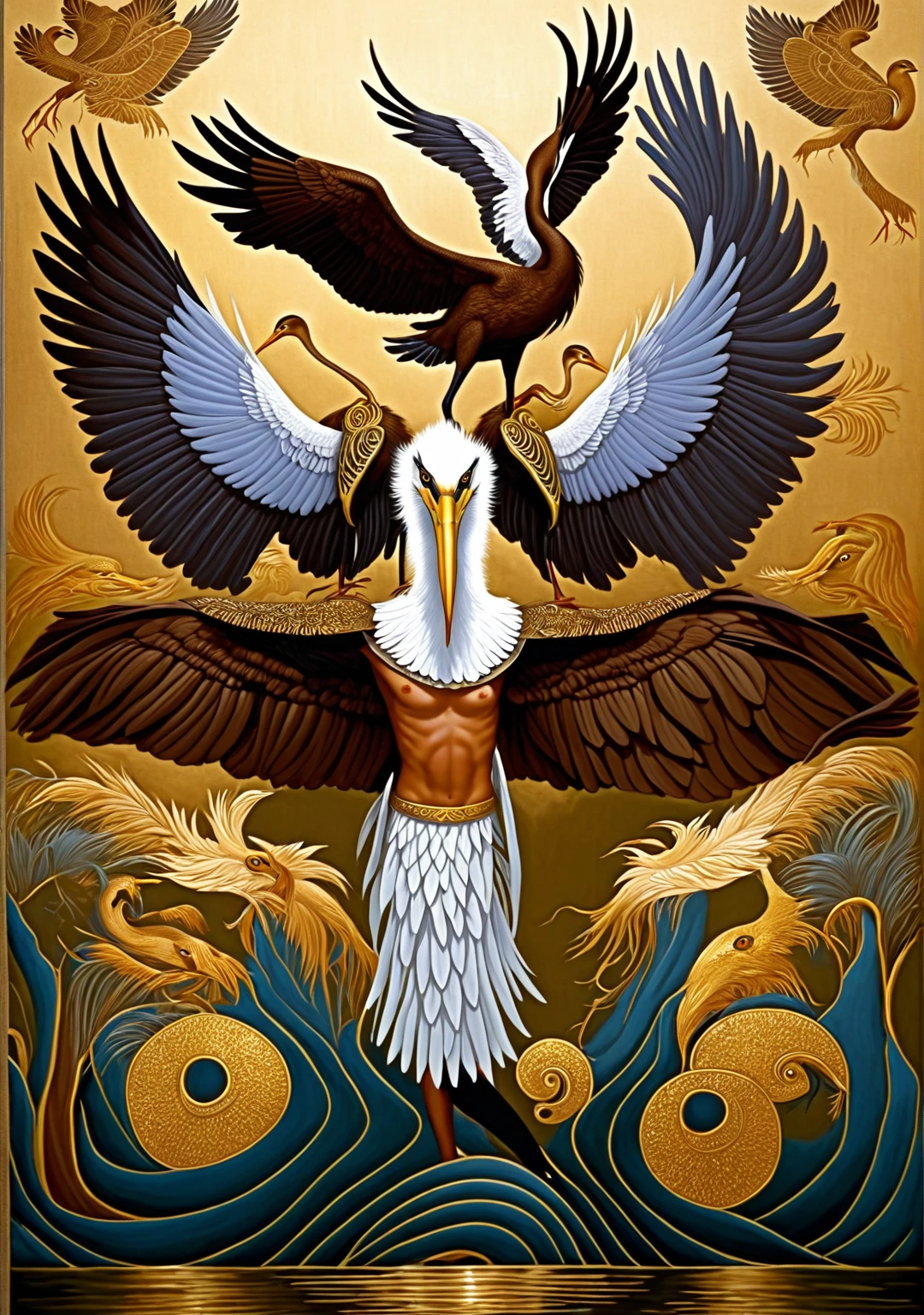 Brown heron chimera man, man with open arms wearing eagle wings, man dressed as a heron,  open wings put behind man&#39;s arms, bird Man, brown feathers and majestic wings, pesoco painted white and dark brown, angry face heron, fundo cinza