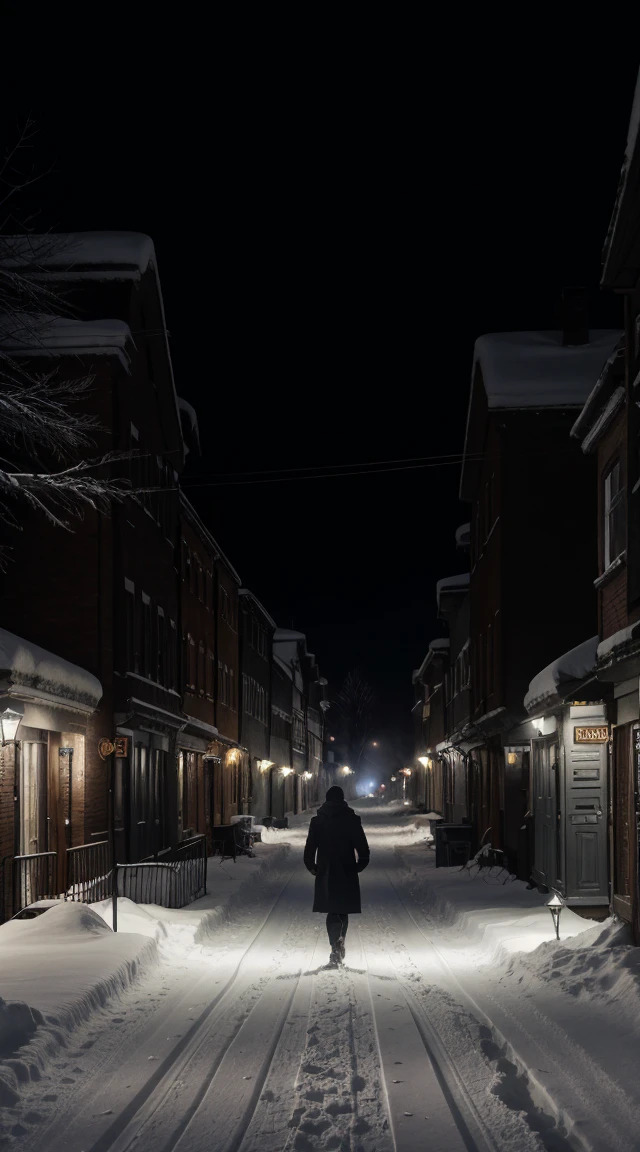 A man walks alone through a snowy path in a quiet, dark hill town. The scene is lit by dim, flickering street lamps casting long shadows on the snow. Snowflakes dance in the air, and dense trees line the path, adding to the eerie, otherworldly atmosphere. The man's breath is visible in the cold air as he pulls his coat tighter around himself."
