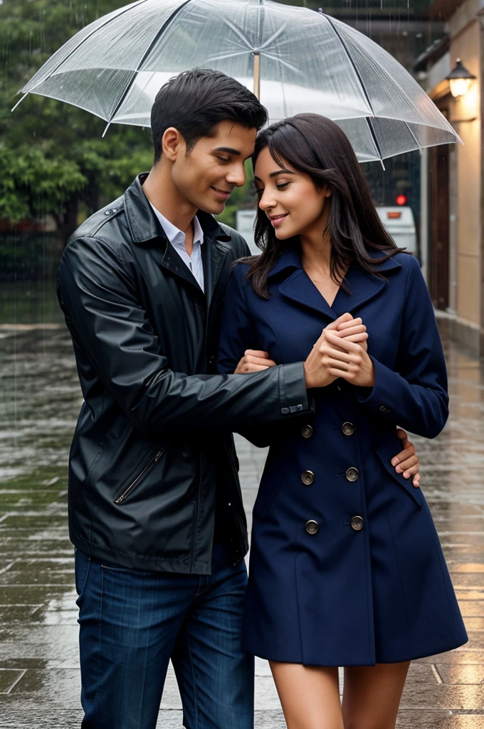Romantic couple in rain