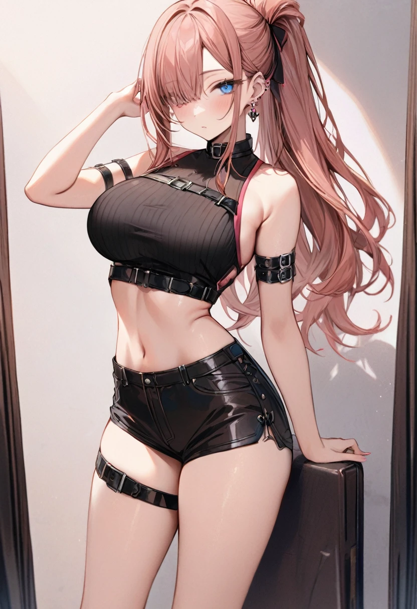 masterpiece, best quality, 1girl, solo, adult, brown pink hair, long hair, hair tied at the back right and left, earrings, right eye pink left eye blue, detailed face, black crop top, large breasts, shorts, stocking, arm belt, infront of viewer, empty look,