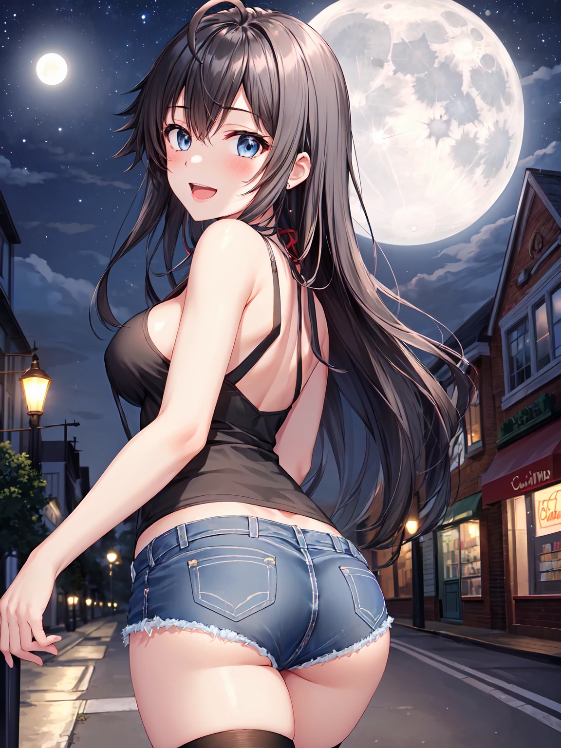 Masterpiece ,best quality , high resolution , (face view , look at view , pov front view , pov from front) , (1 girl solo:1.38) , (yukino yukinoshita, black hair, blue eyes, long hair, ahoge , slim , tall , slender , thin) , (cleavage:1.02) , (big breast:1.03) , (wear top tank , sleeveless , denim_micro_short , stockings , (arms behind back , hand behind back) , (leaning forward:1.3) , (bend back to forward:1.2) , ( outdoor , night , lamp , moonlight , road , on street , in front of shop ) , (open mouth , smile , full face blush , shy ) , (standing , thighs ) , (cowboy_shot)
