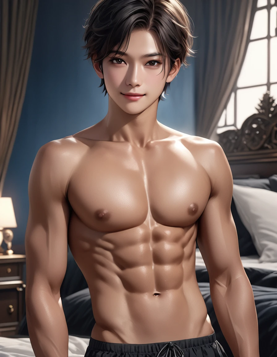 high quality, detailed, Realistic,(2boys:1.5), (s old tanned japanese idol boys), (detailed black eyes), (black short hair), (abs), (tanned dark brown skin), night palace bedroom, (black tiny thong), (bulge), (detailed nipples), detailed areola,best quality,4k,8k,highres,masterpiece:1.2),ultra-detailed,(realistic,photorealistic,photo-realistic:1.37), looking at viewer,smirk,face close up, --no watch,
