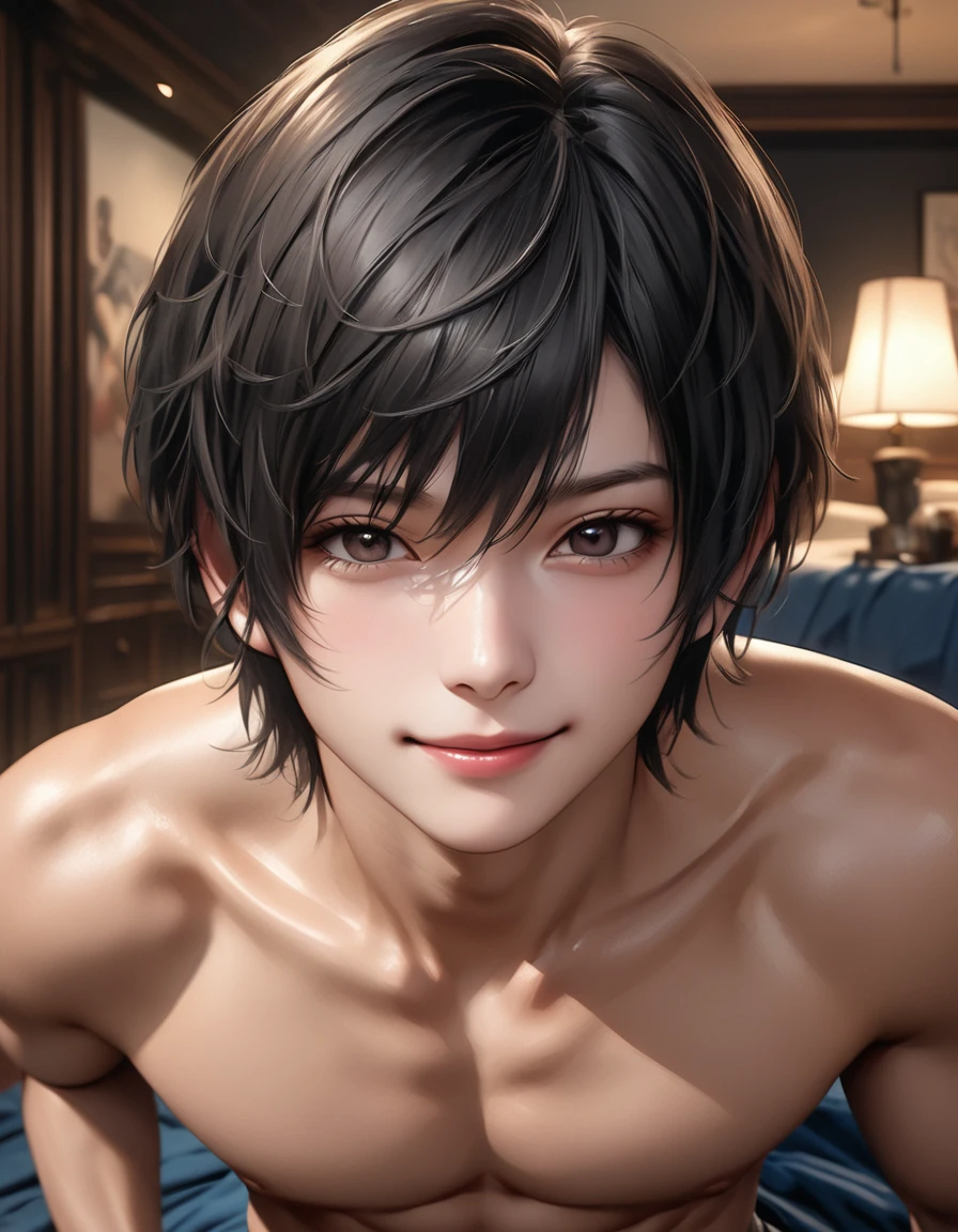 high quality, detailed, Realistic,(2boys:1.5), ( tanned japanese idol boys), (detailed black eyes), (black short hair), (abs), (tanned dark brown skin), night palace bedroom, (black tiny thong), (bulge), (detailed nipples), detailed areola,best quality,4k,8k,highres,masterpiece:1.2),ultra-detailed,(realistic,photorealistic,photo-realistic:1.37), looking at viewer,smirk,face close up, --no watch,