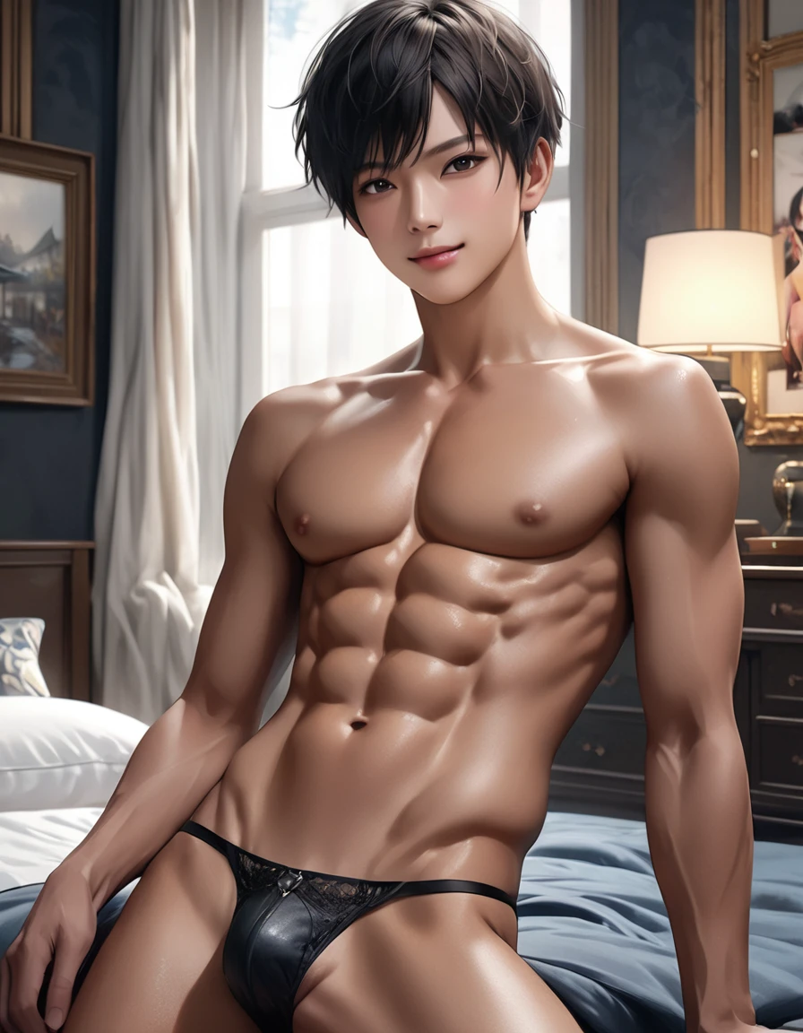 high quality, detailed, Realistic,(2boys:1.5), ( tanned japanese idol boys), (detailed black eyes), (black short hair), (abs), (tanned dark brown skin), night palace bedroom, (black tiny thong), (bulge), (detailed nipples), detailed areola,best quality,4k,8k,highres,masterpiece:1.2),ultra-detailed,(realistic,photorealistic,photo-realistic:1.37), looking at viewer,smirk,face close up, --no watch,